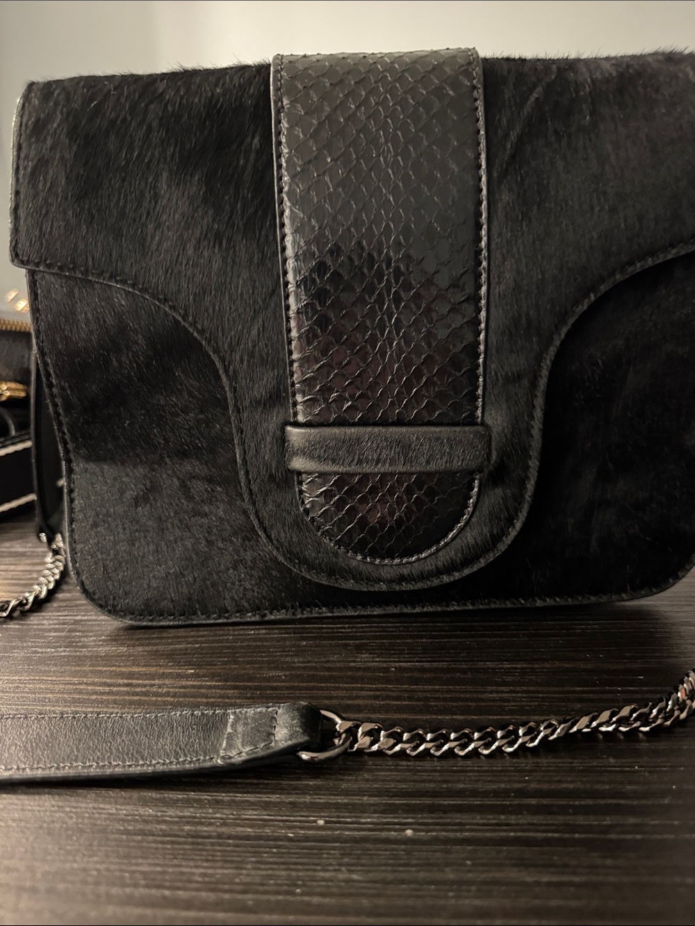 Vince Camuto Black Haircalf Crossbody with Snake-Texture Strap